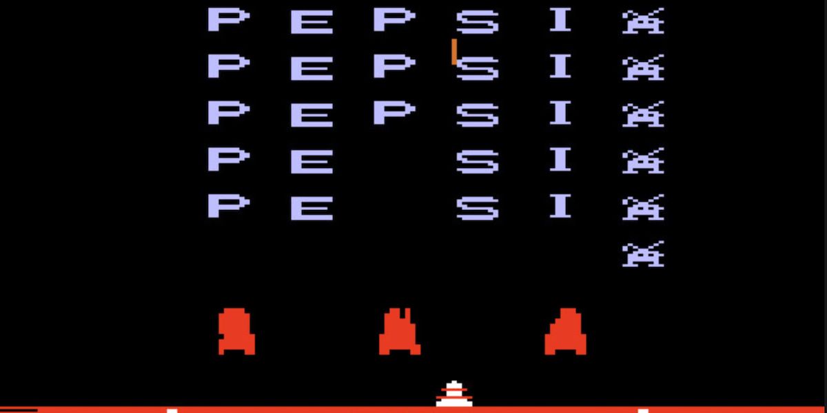 Aliens and PEPSI letters get attacked in Coca-Cola's Pepsi Invaders for Atari 2600