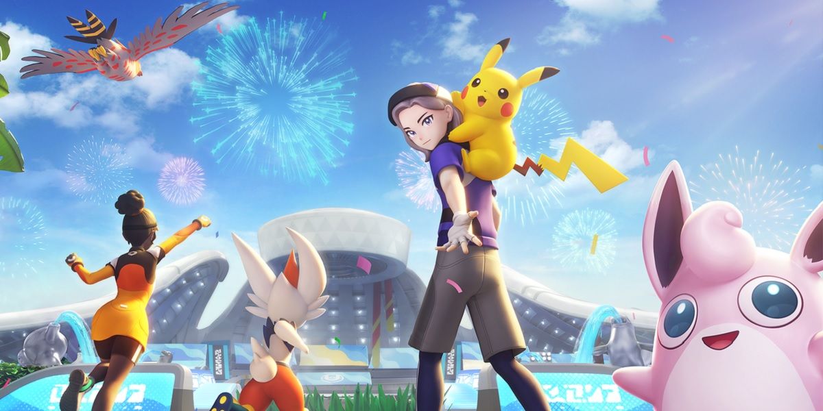 Pokémon Unite poster showing a Pokémon Trainer with Pikachu on his shoulder, Wigglytuff in the foreground.