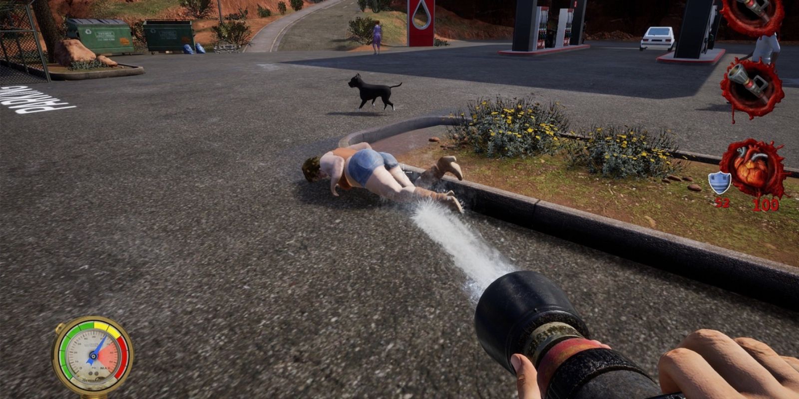 Postal 4 game play featuring a women being shot with a water hose.