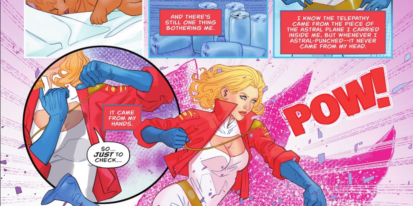 Power Girl testando seus novos socos astrais após uma batalha cansativa com Johnny Sorrow