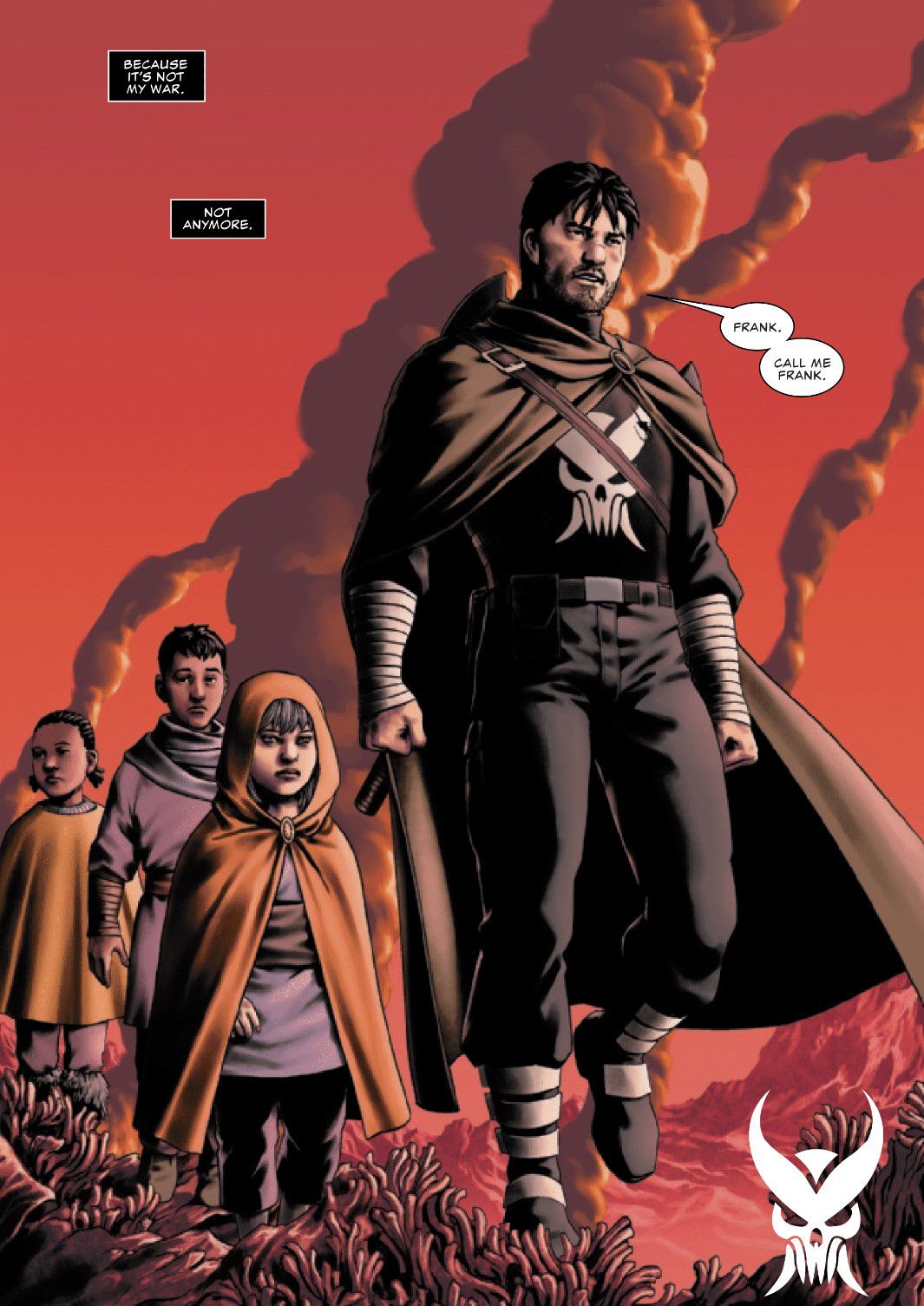 Frank Castle leads Weirdworld orphans to safety in Punisher #12 (2023).