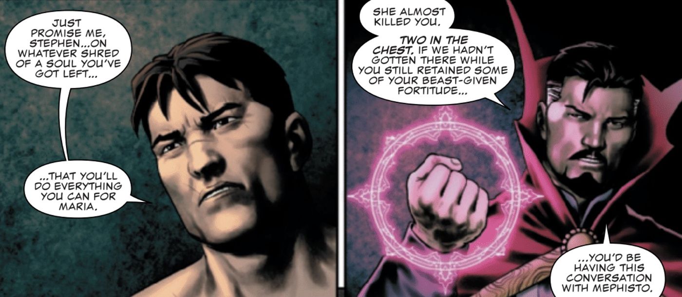 Frank Castle talks to Doctor Strange about how his wife almost killed him in Punisher #12 (2023).