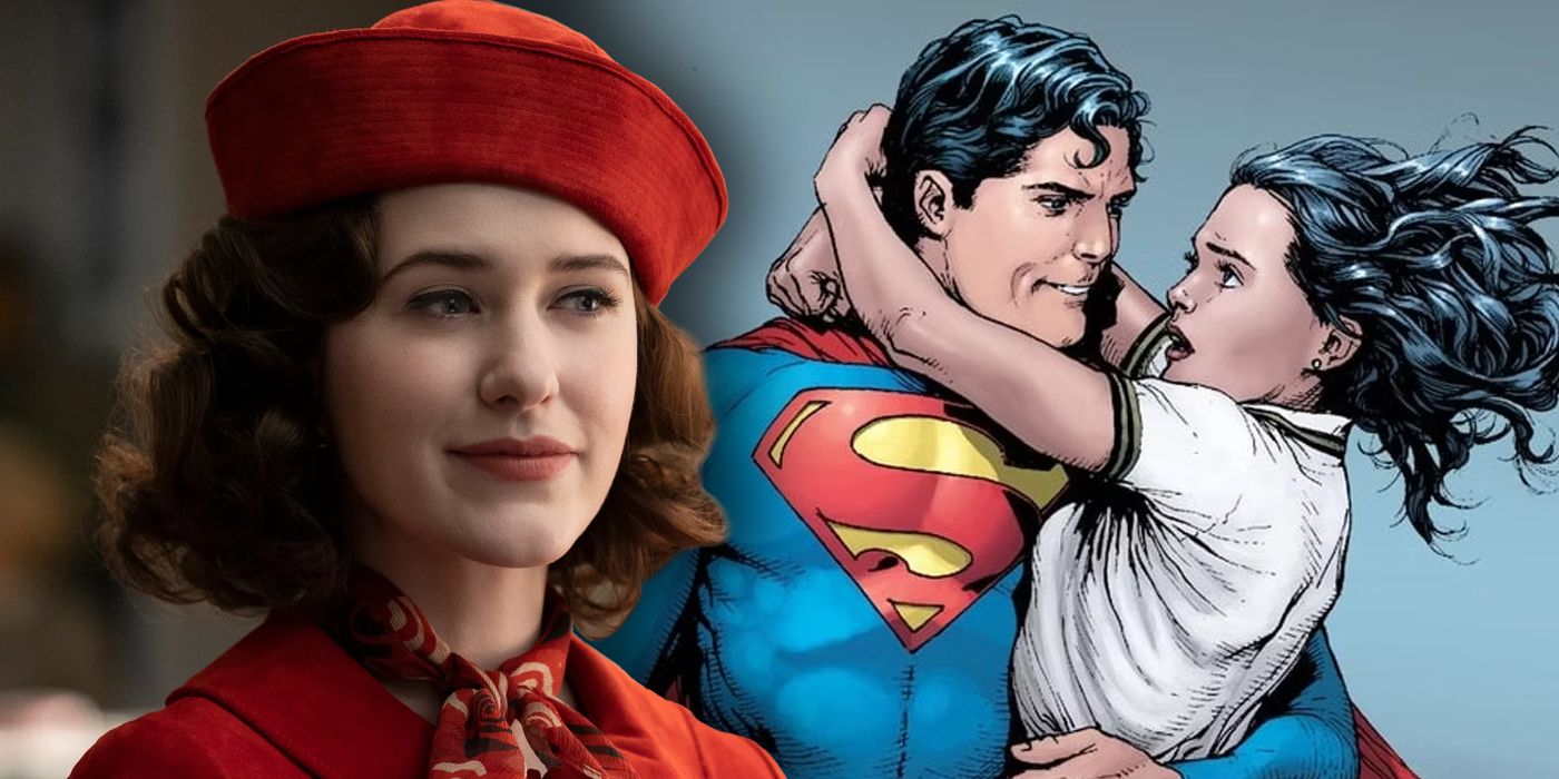 Rachel Brosnahan em Marvelous Mrs. Maisel ao lado de uma foto de Superman e Lois Lane