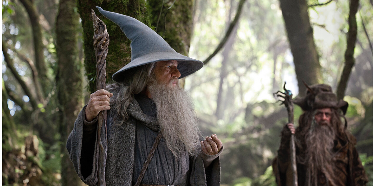 Radagast the Brown (Sylvester McCoy) and Gandalf the Grey (Ian McKellan) walk through the forest in The Hobbit