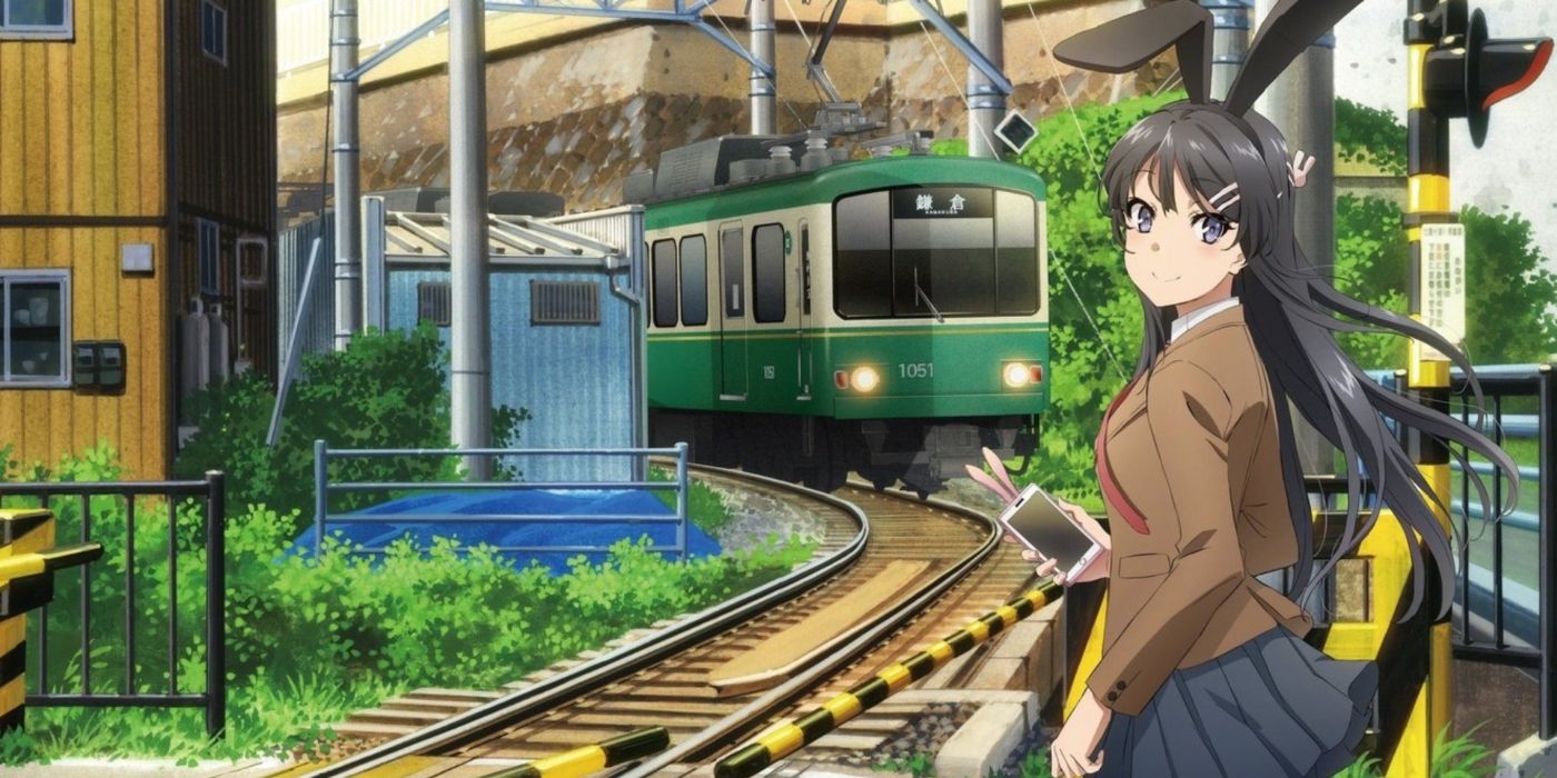 Mai waiting for a train to pass in Rascal Does Not Dream of Bunny Girl Senpai