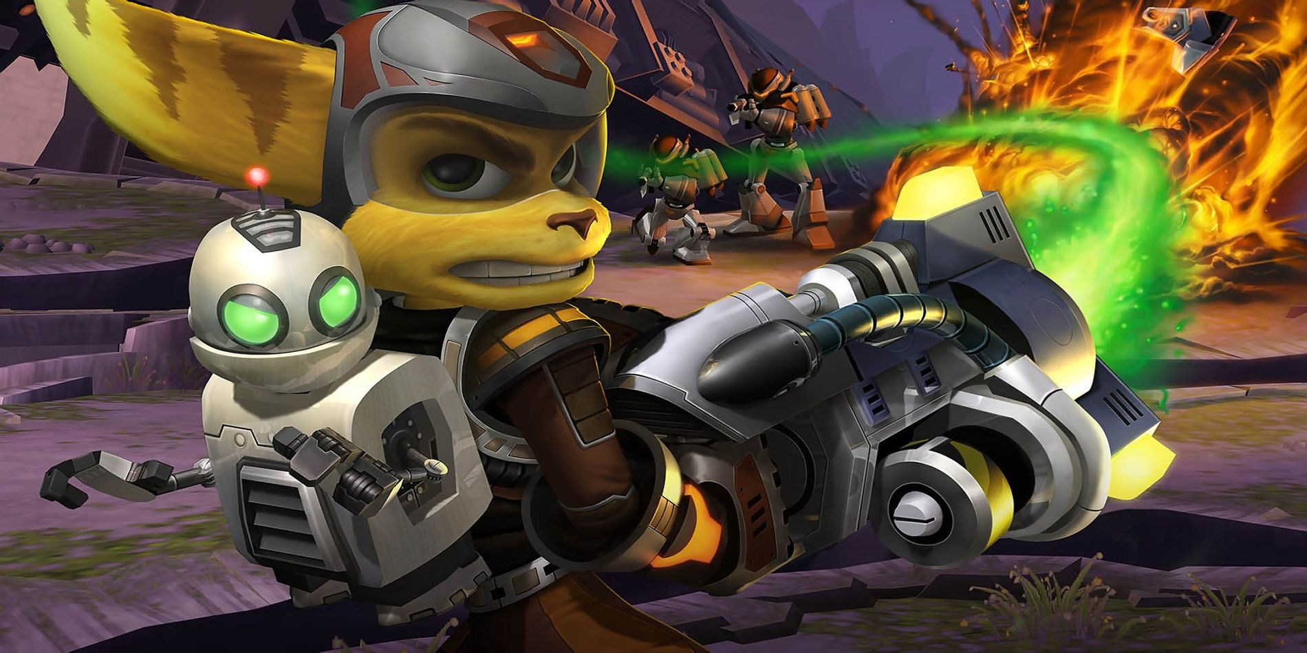 Ratchet & Clank shooting green energy beam at foes