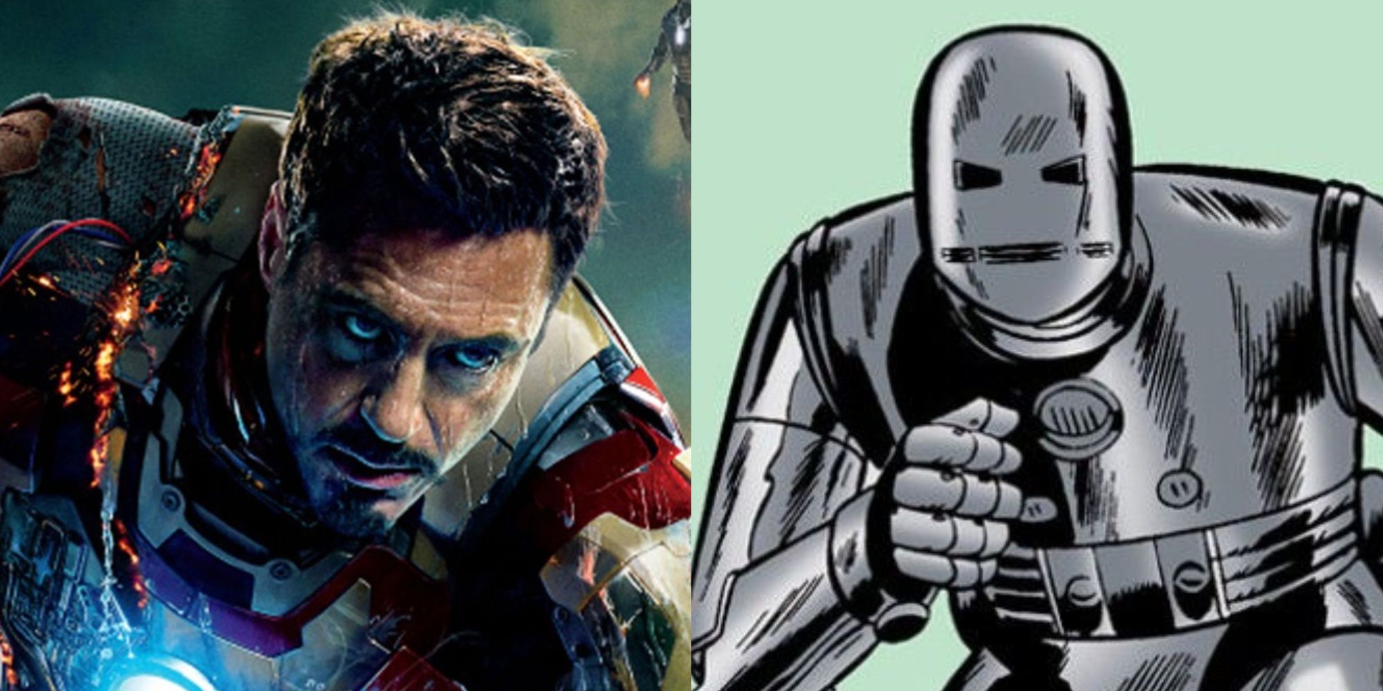 A split image of a damaged Iron Man in the MCU and the Mk I Iron Man Armor in Marvel Comics