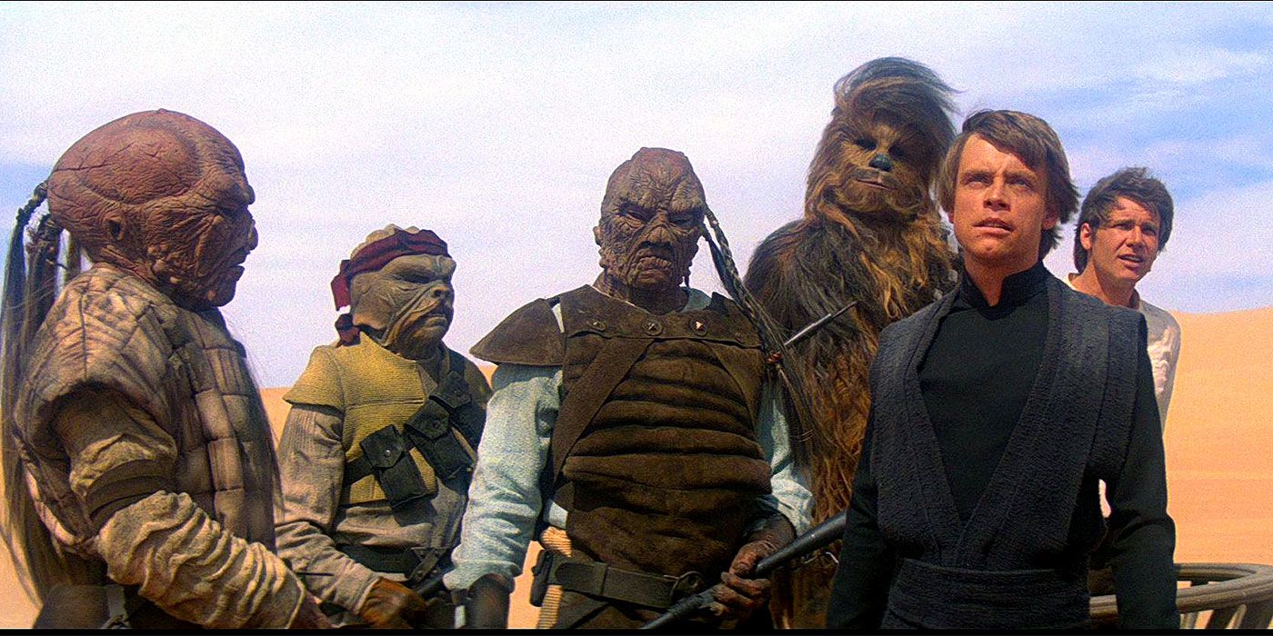 Luke Skywalker, Han Solo and Chewbacca led as prisoners to the sarlacc pit in Return of the Jedi
