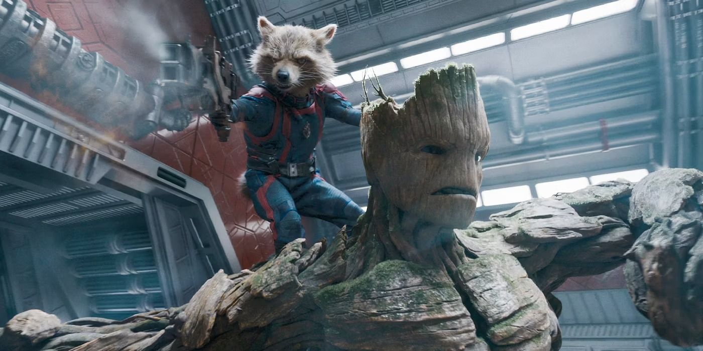 Rocket firing a weapon on Groot's shoulder in Guardians of the Galaxy 3.