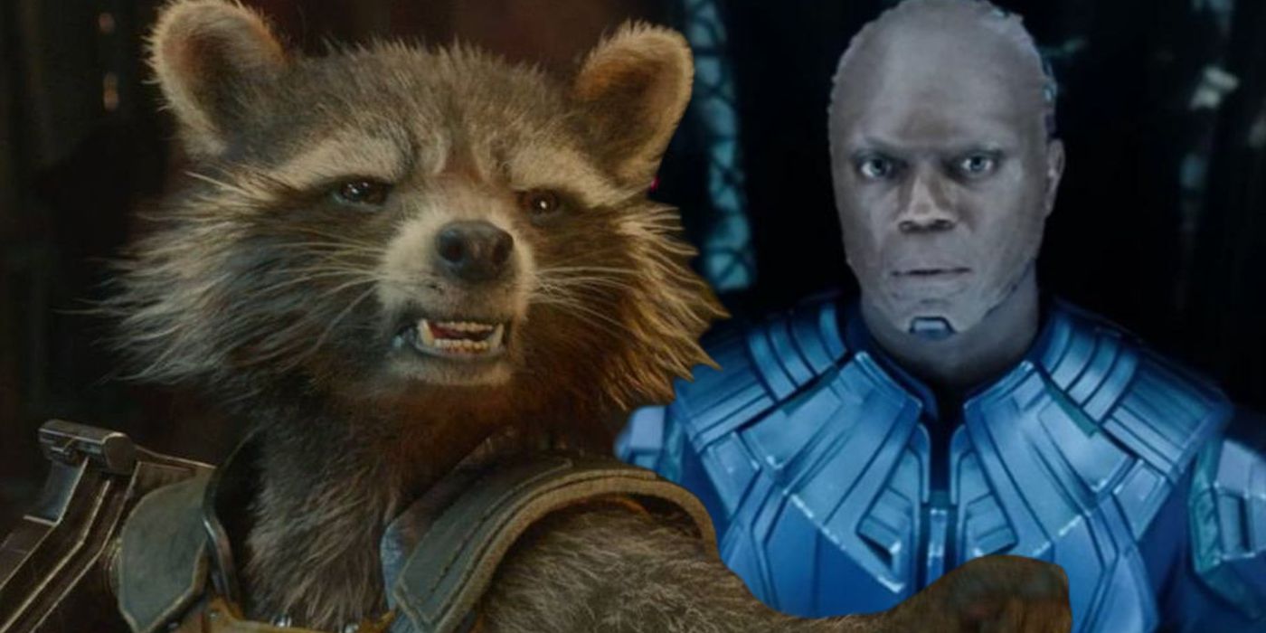 Rocket Raccoon looking angry next to High Evolution from Guardians of the Galaxy
