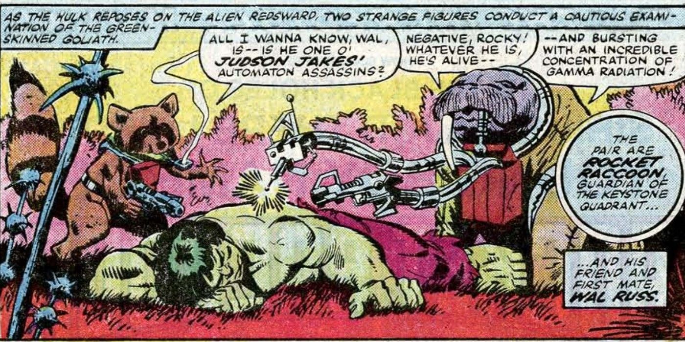 Rocket Raccoon and Wal Rus helping an unconscious Hulk