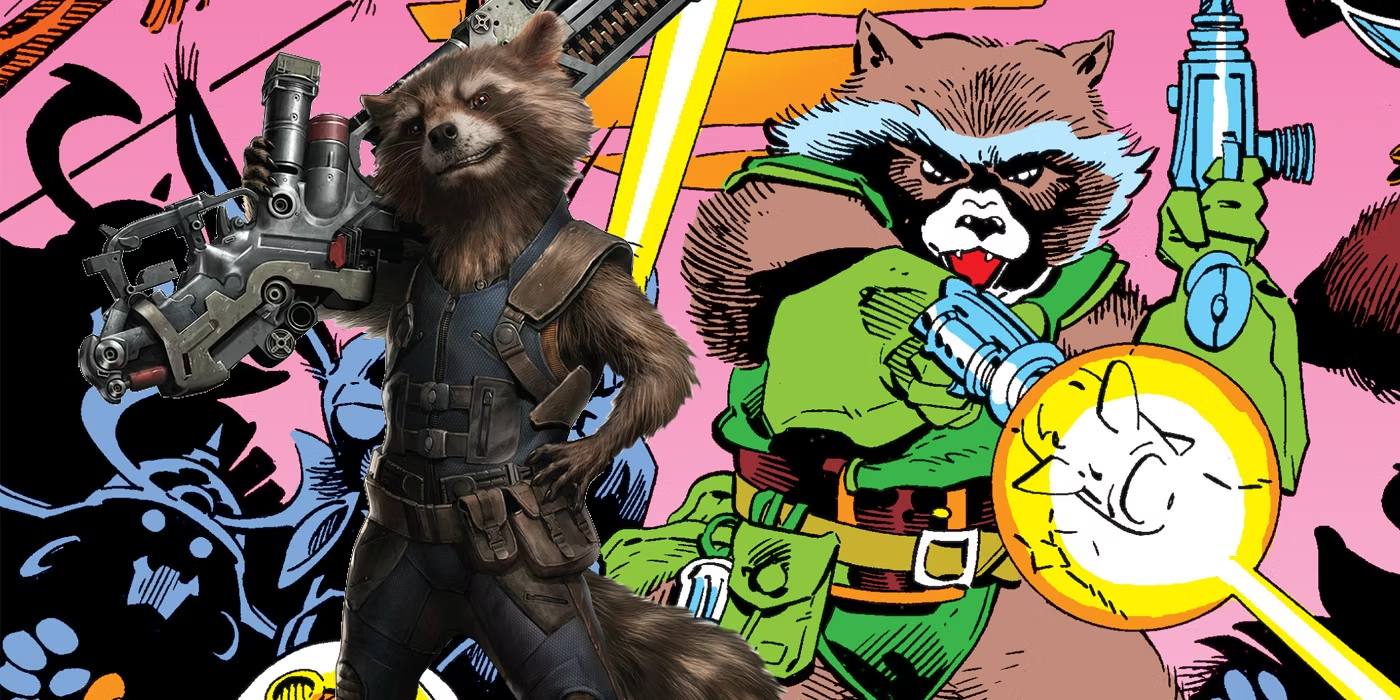 The MCU's Rocket Raccoon standing next to his Marvel Comics counterpart