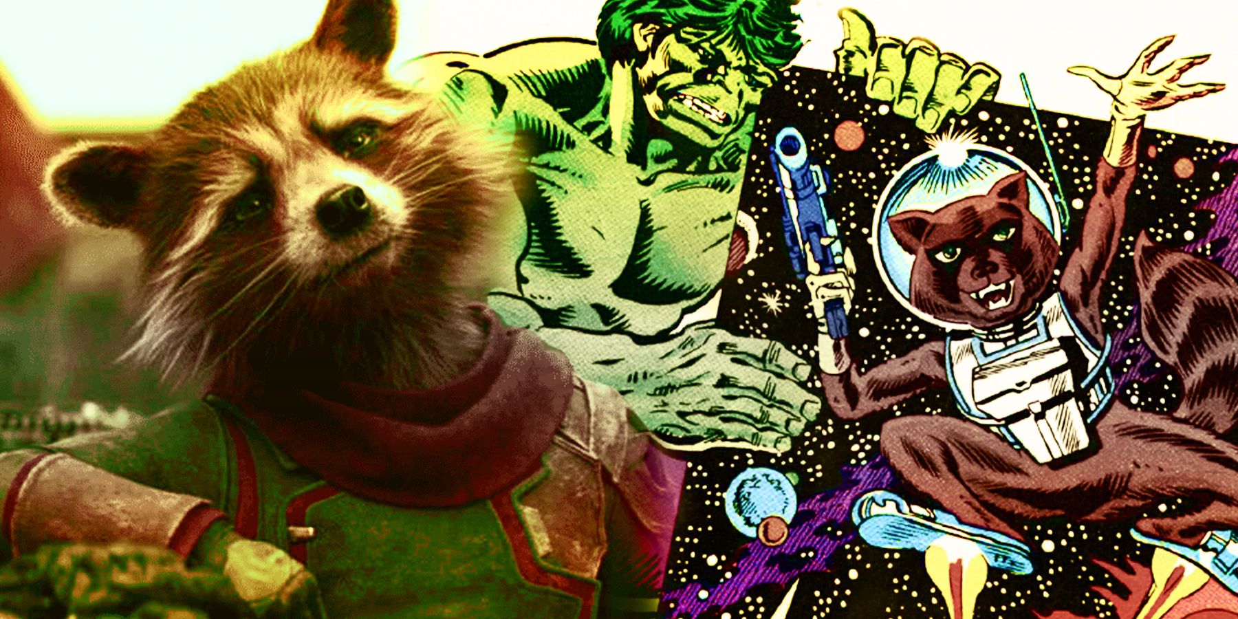 Rocket Raccoon from the MCU and Hulk with Rocket Raccoon from Marvel comics