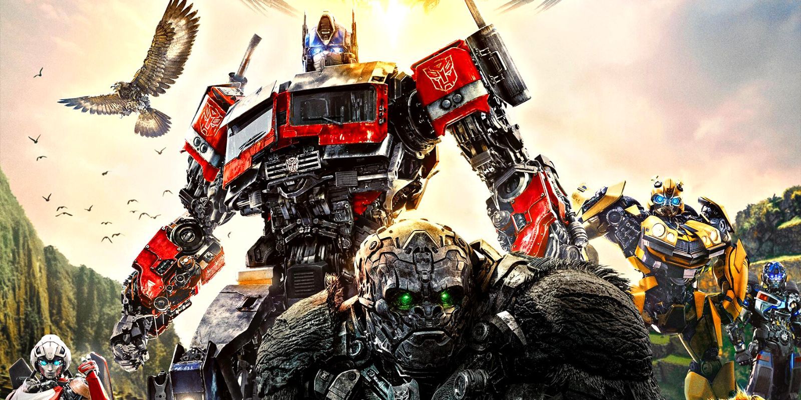 Optimus Prime stands over Optimus Primal, backed by his Autobots in Transformers: Rise of the Beasts