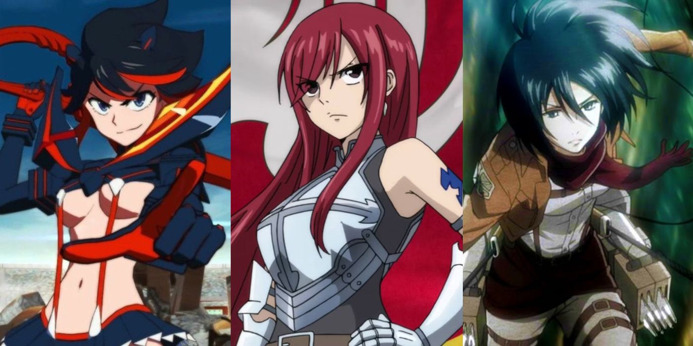 Ryuko Matoi (Kill La Kill), Erza Scarlet (Fairy Tail), and Mikasa Ackerman (Attack On Titan).