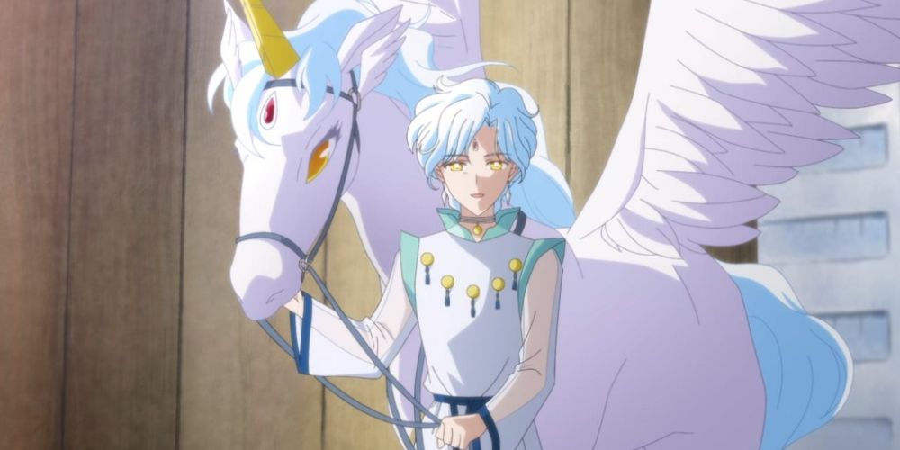 Helios holding Pegasus by the reigns in Sailor Moon Crystal.