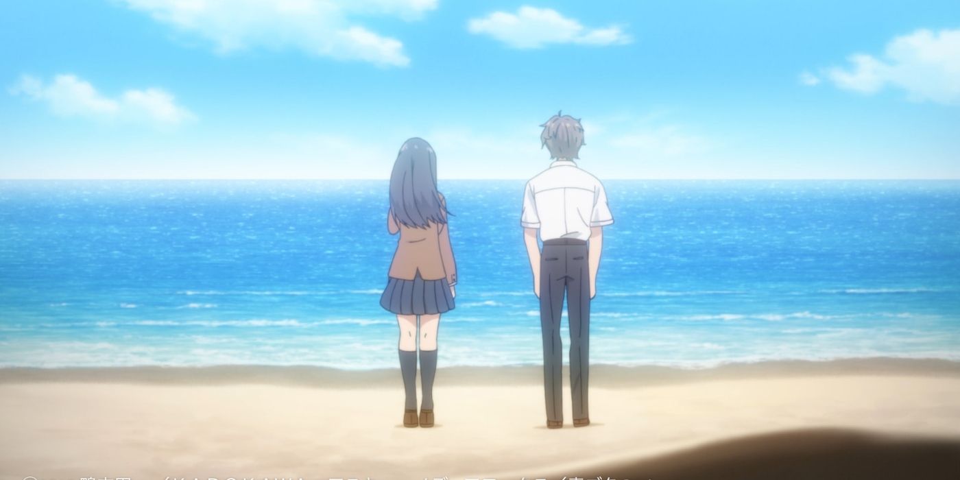 Sakuta standing on the beach with Mai in Rascal Does Not Dream of Bunny Girl Senpai.