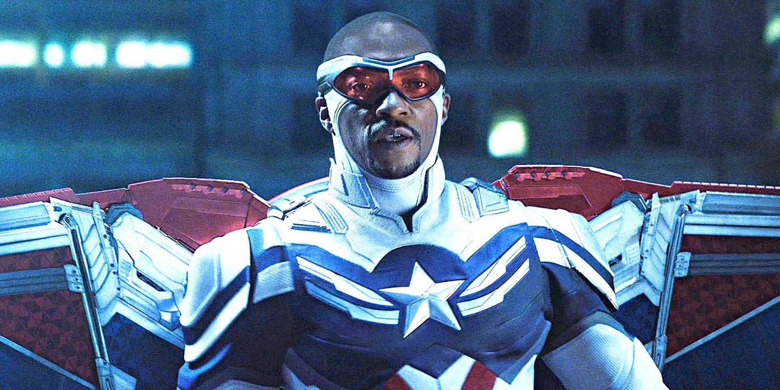 Sam Wilson (Anthony Mackie) as Captain America standing aghast, his wings spread