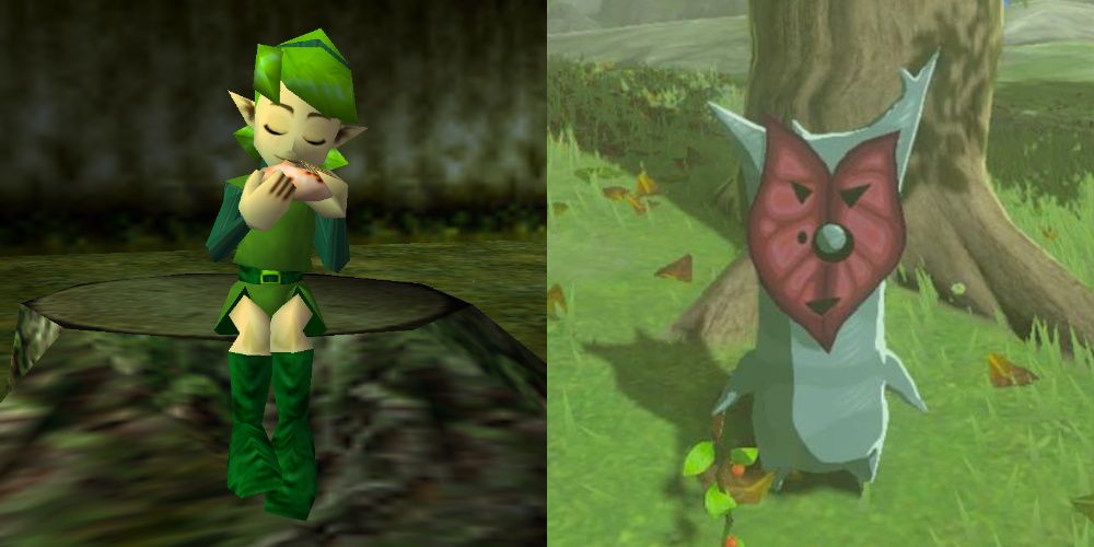 Saria de The Legend Of Zelda Ocarina Of Time e um Korok de The Legend Of Zelda Breath Of The Wild