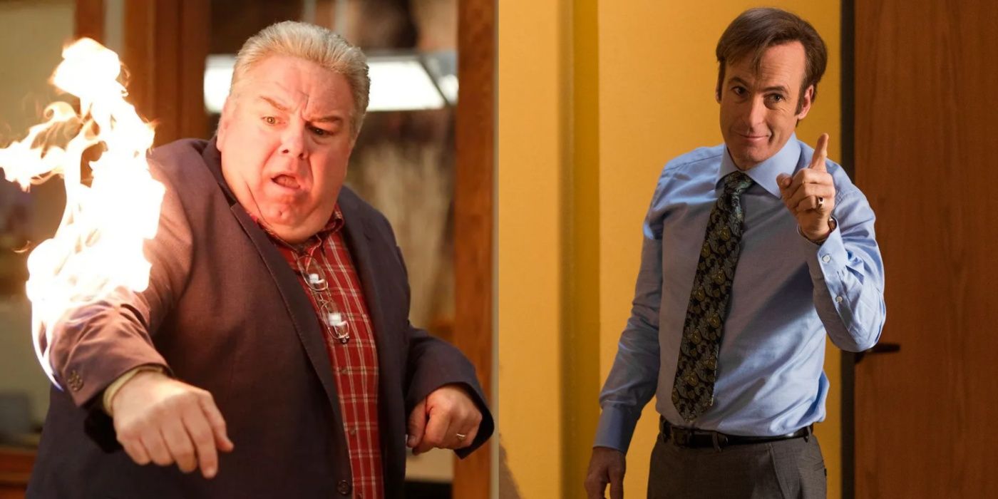 Saul Goodman from Better Call Saul and Jerry from Parks & Rec split image.