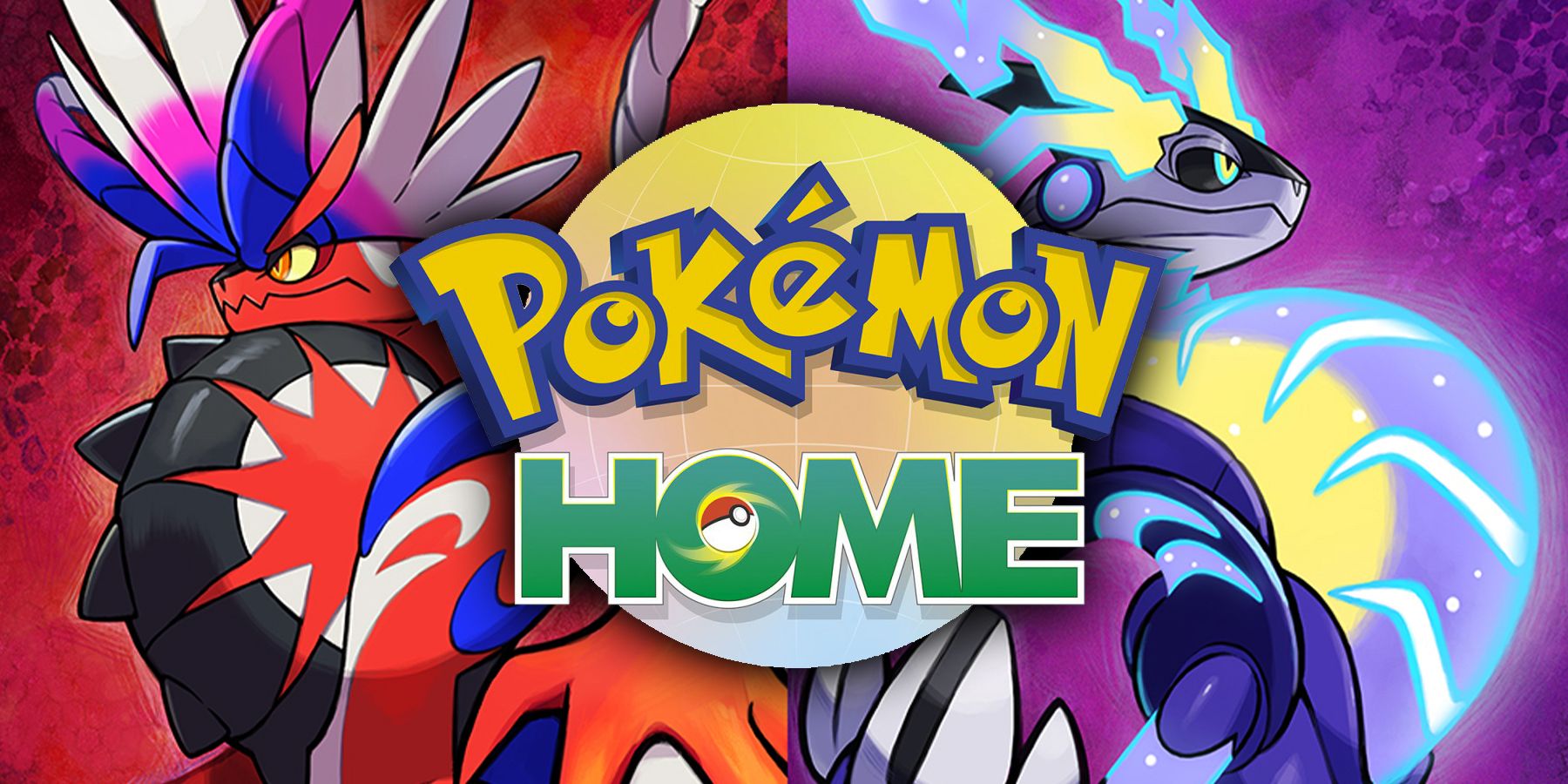 The Pokemon Home logo sits in from of images of dragon-types Pokemon Koraidon and Miraidon 