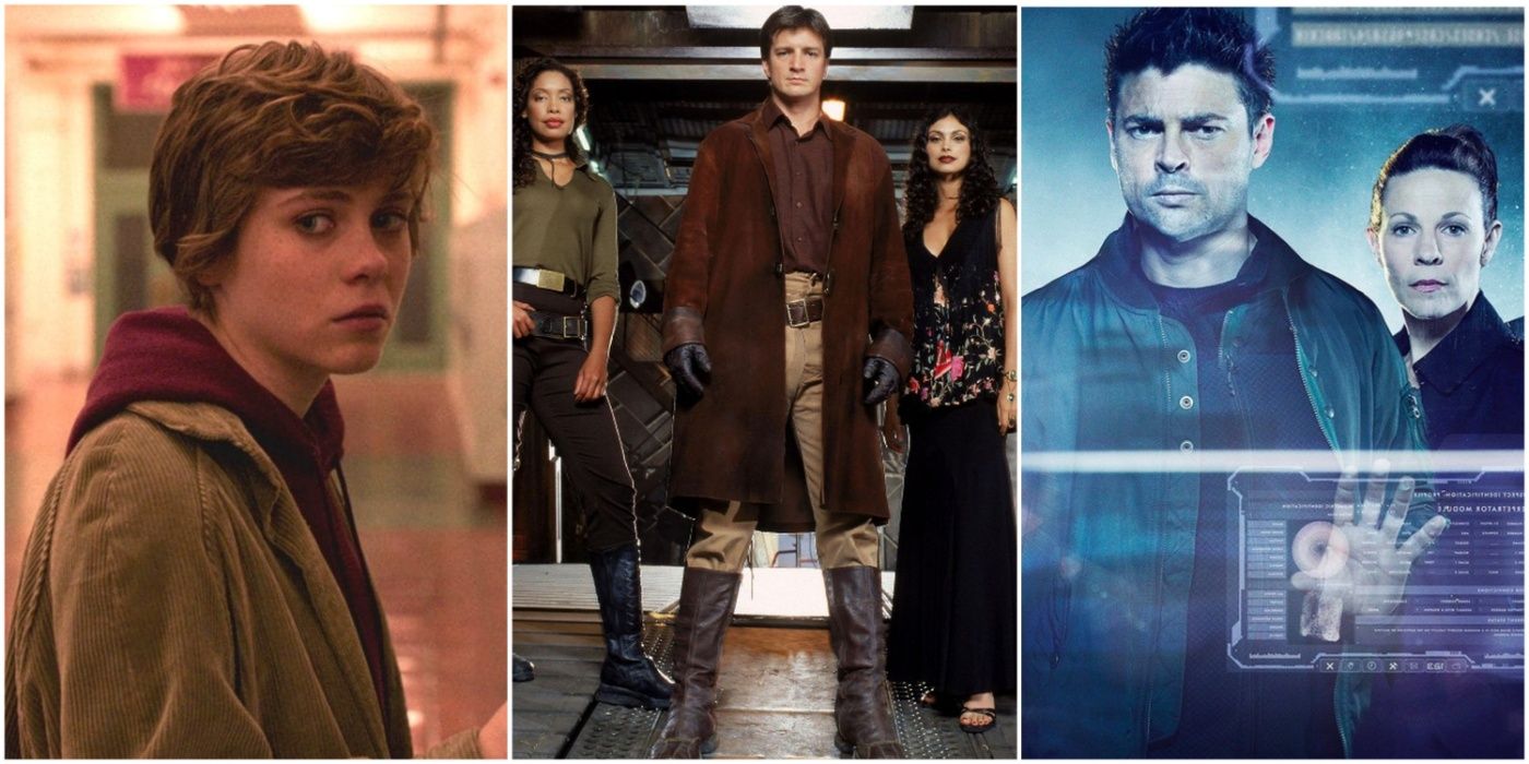 Split image: Sophia Lilis as Sydney Novak in I Am Not Okay With This, Malcolm Reynolds, Zoey, and Inara in Firefly, and Karl Urban in Almost Human