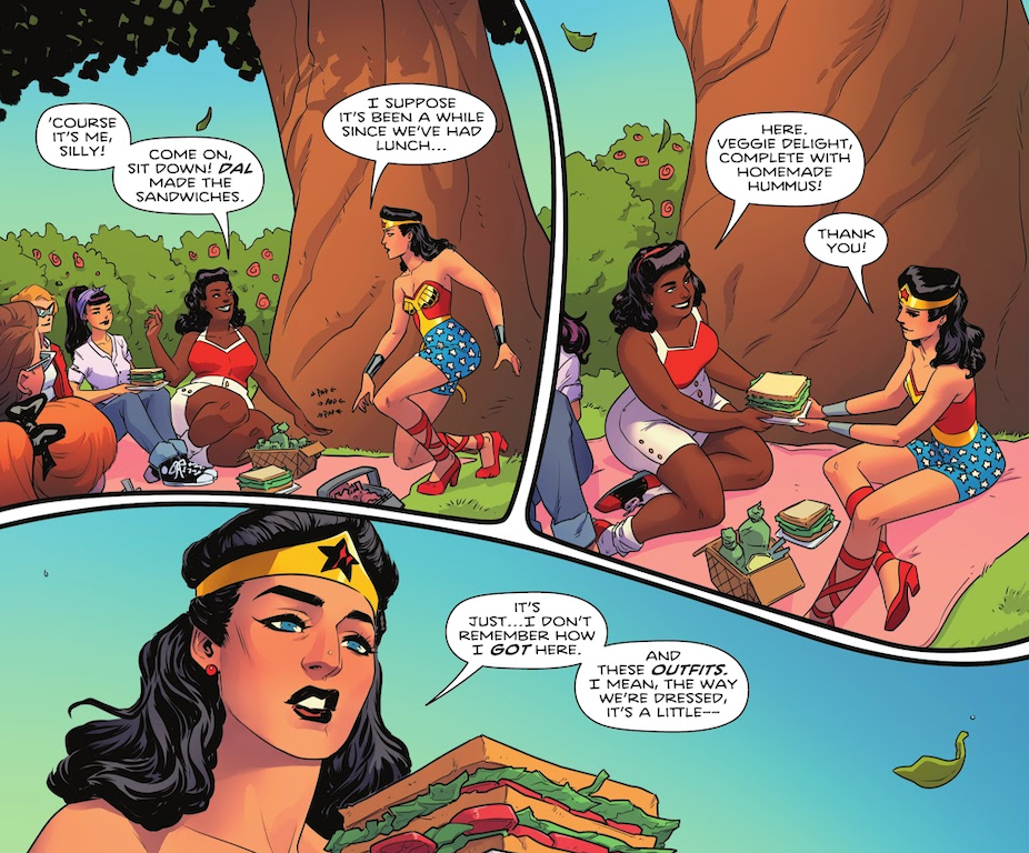 Dressed in a version of Lynda Carter's costume, Diana Prince becomes trapped in a dream in DC's Wonder Woman #799.
