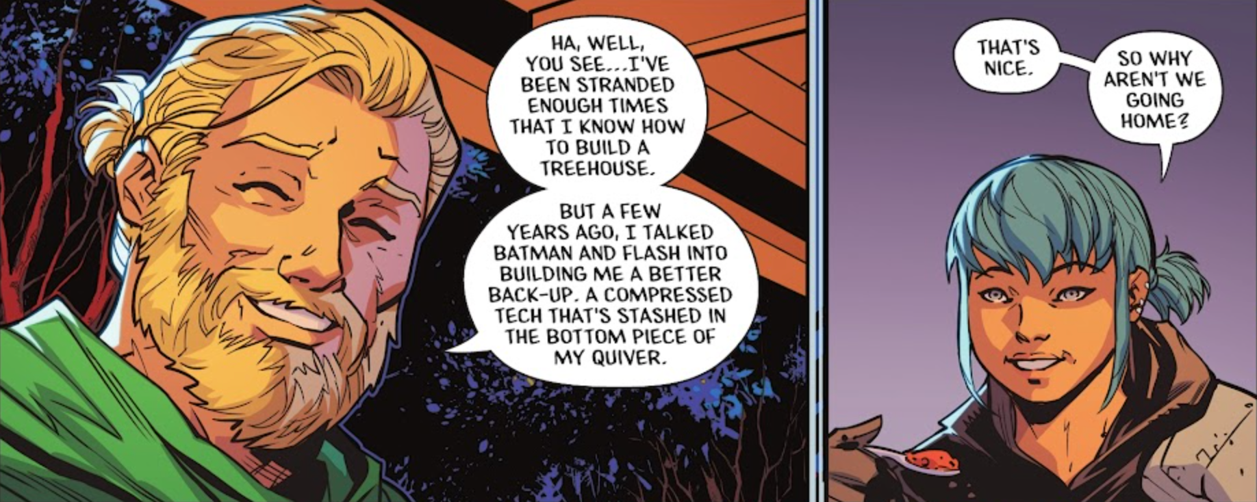 O Arqueiro Verde explica a Lian Harper que Batman e Flash projetaram um dispositivo para armazenar equipamentos em sua aljava.