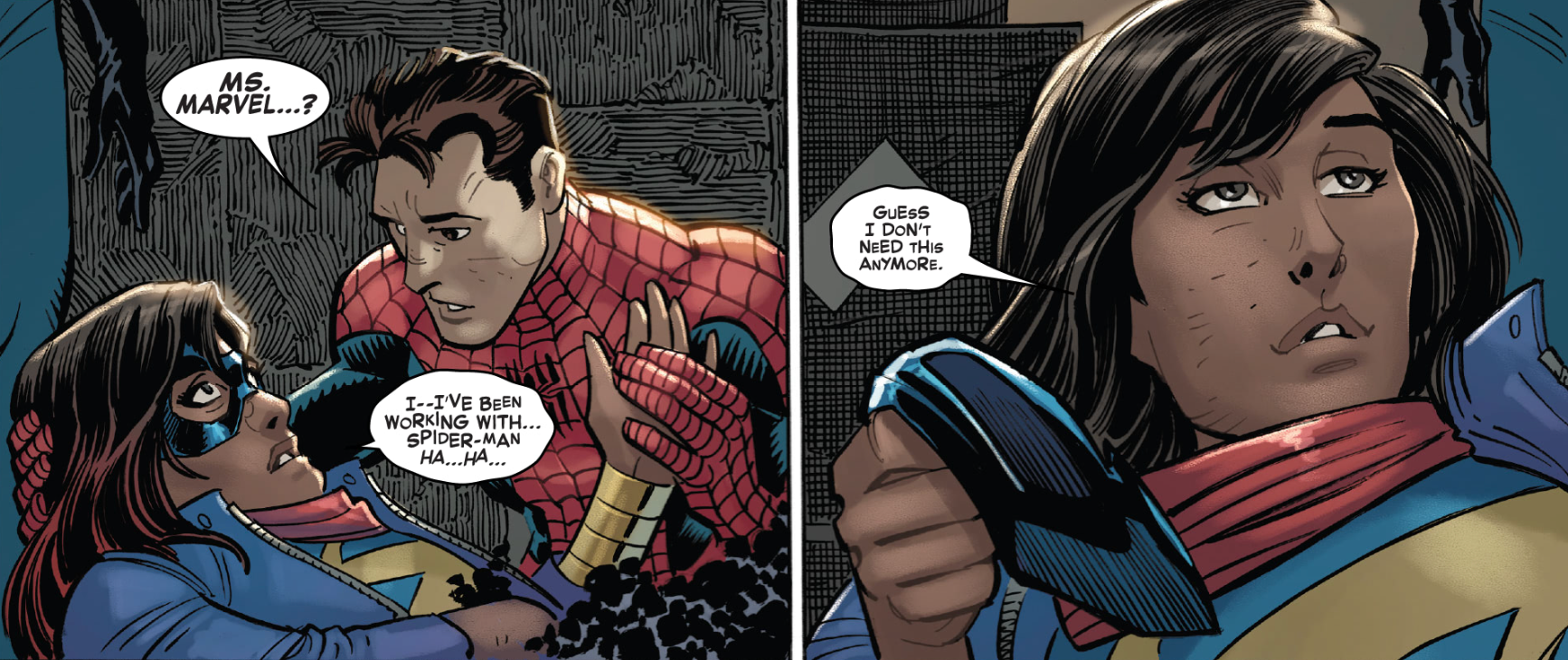 Peter Parker/Spider-Man holds Ms. Marvel as she dies in Marvel's Amazing Spider-Man #26.