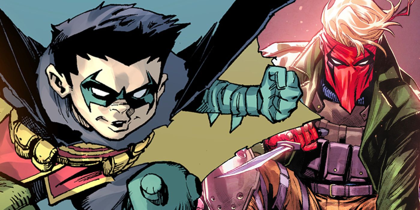 Split image of Grifter crouching holding a knife and Damian Wayne's Robin