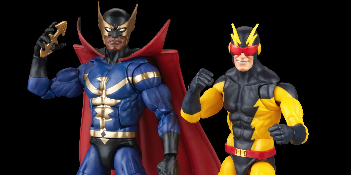 Hasbro Marvel Legend's new Nighthawk and Blur Squadron Supreme figures stand next to one another.