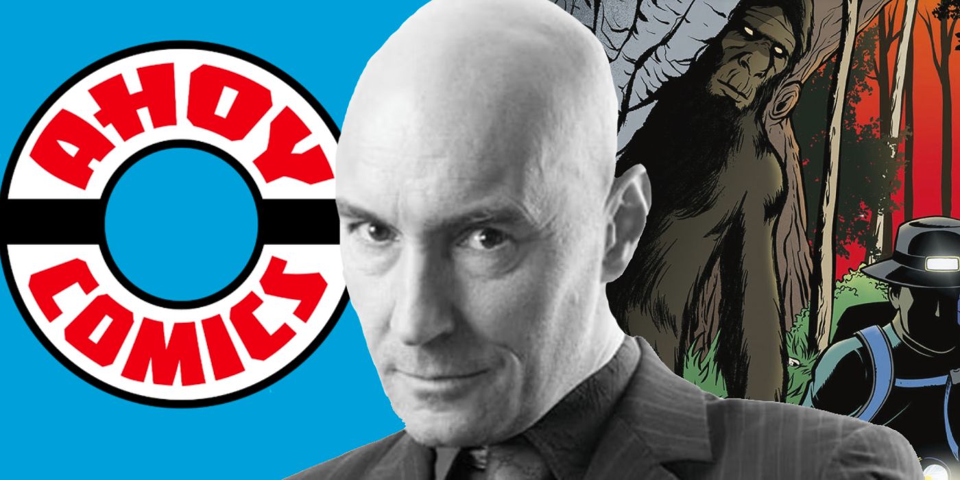 Grant Morrison is pictured in front of AHOY Comics' logo and a cover for AHOY's Project Cryptid anthology series.