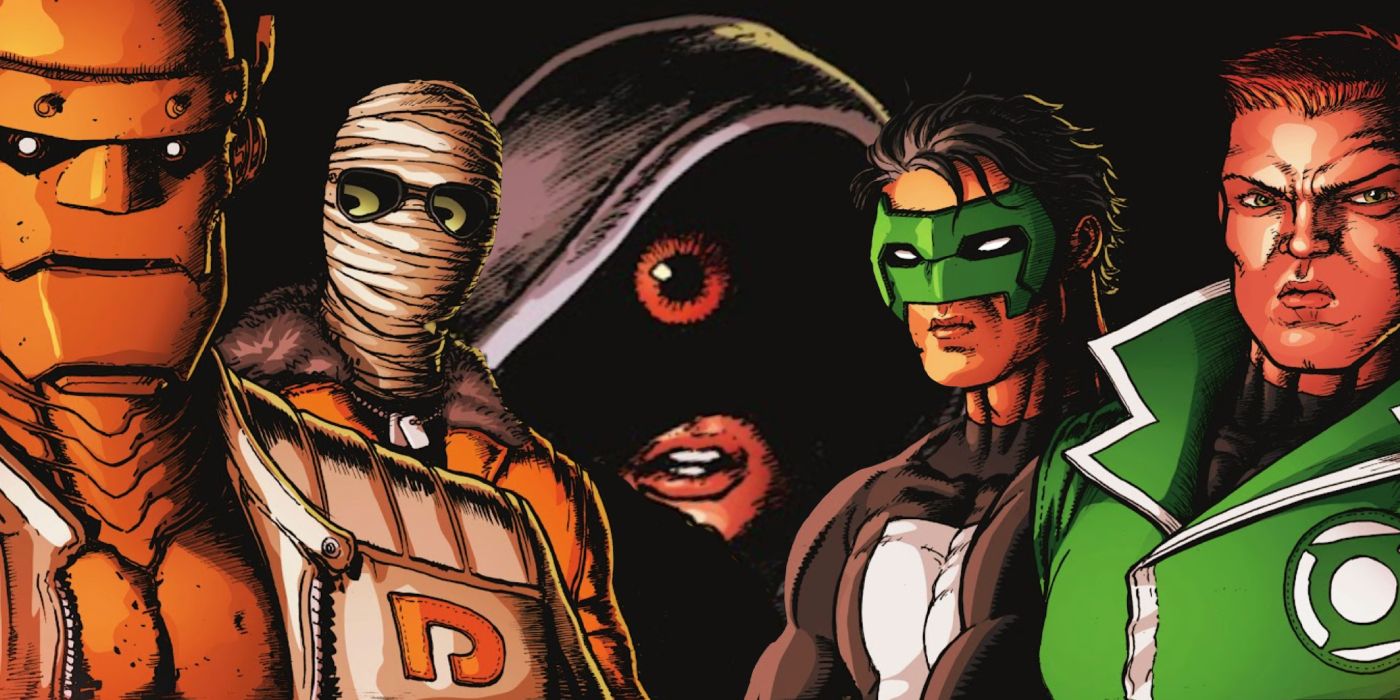 Robotman, Negative Man, Guy Gardner and Kyle Rayner stand by Starbro, a version of Starro that merged with a human.