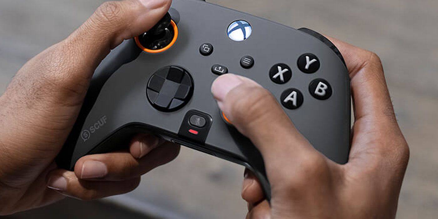The SCUF Instinct Pro Xbox Controller being used to play a video game. 