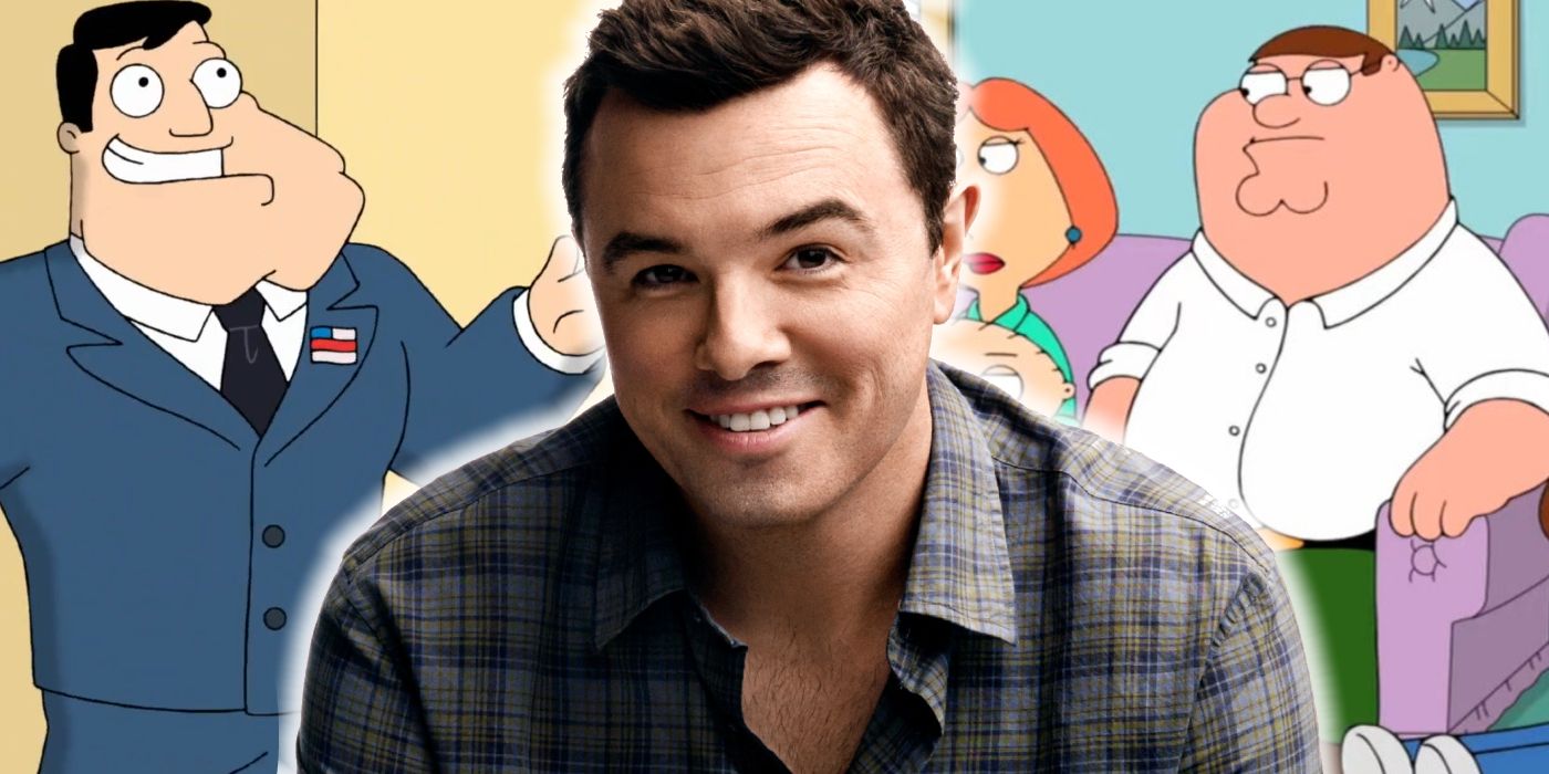 Seth MacFarlane in front of images from American Dad and Family Guy