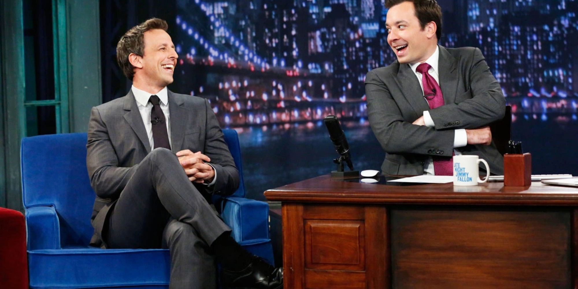 Seth Meyers and Jimmy Fallon share a laugh on The Tonight Show Starring Jimmy Fallon