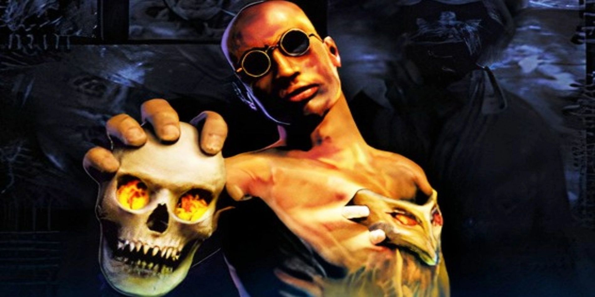 Michael LeRoi, the protagonist of Shadow Man Remastered, holding a skull with flame eyes