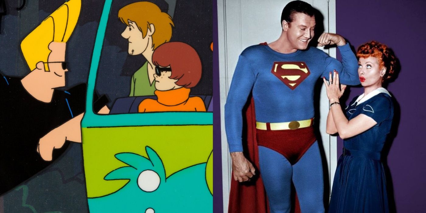 Split image showing scenes from the Johnny Bravo-Scooby-Doo crossovers and the Adventures of Superman crossover