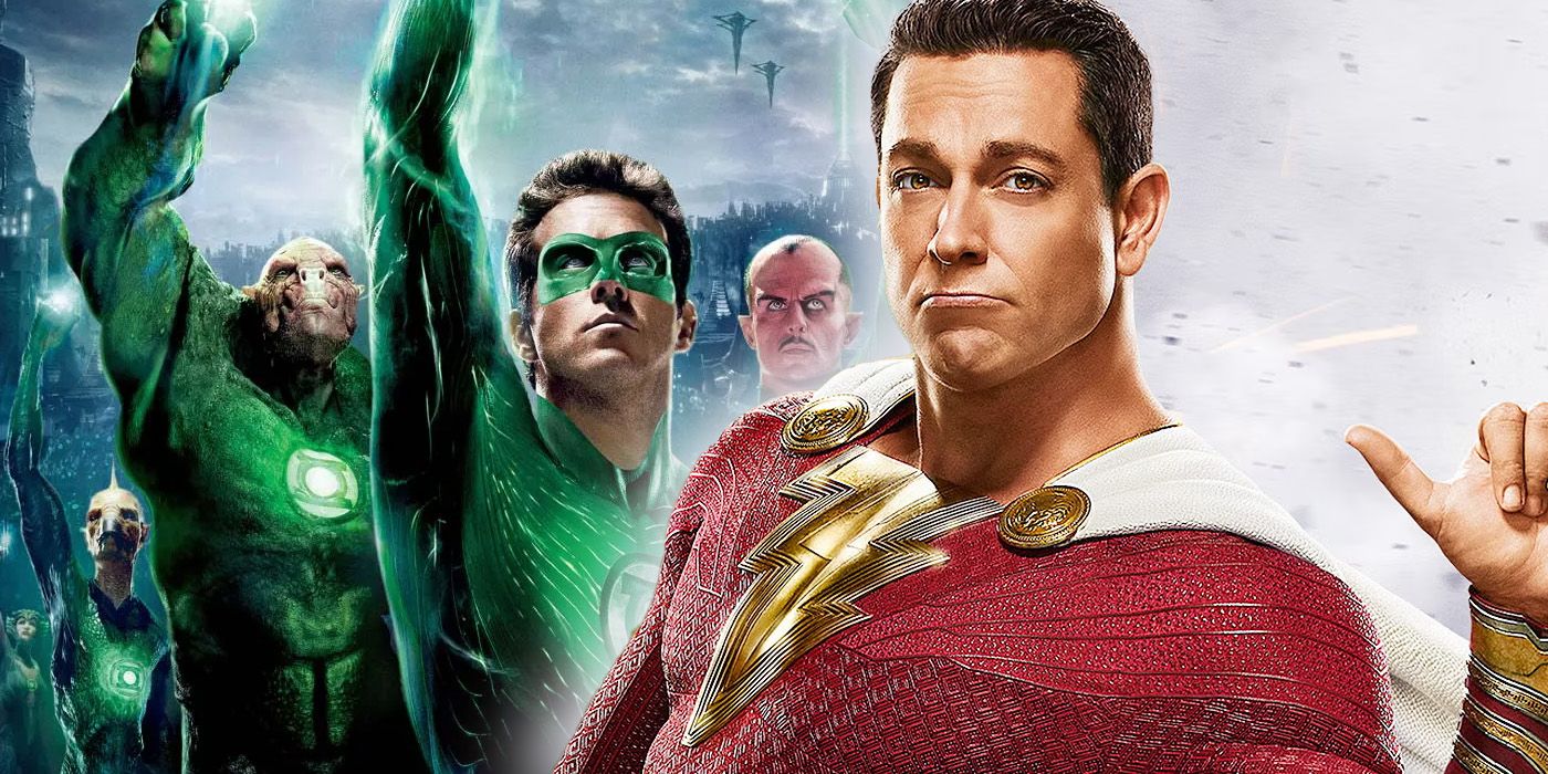 Hal Jordan and Sinestro among other Green Lanterns raising their rings beside an image of Zachary Levi's Shazam.