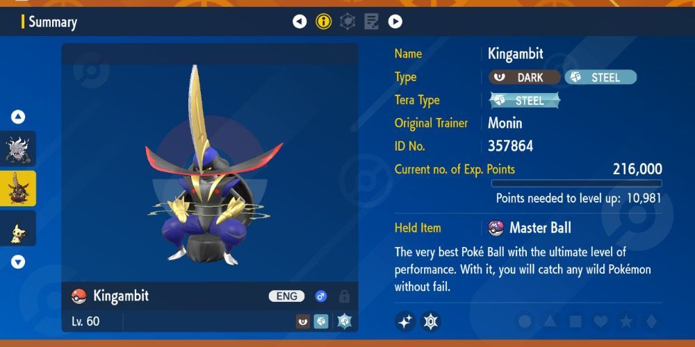 Shiny Kingambit da entrada Pokemon Scarlet e Violet Pokedex.