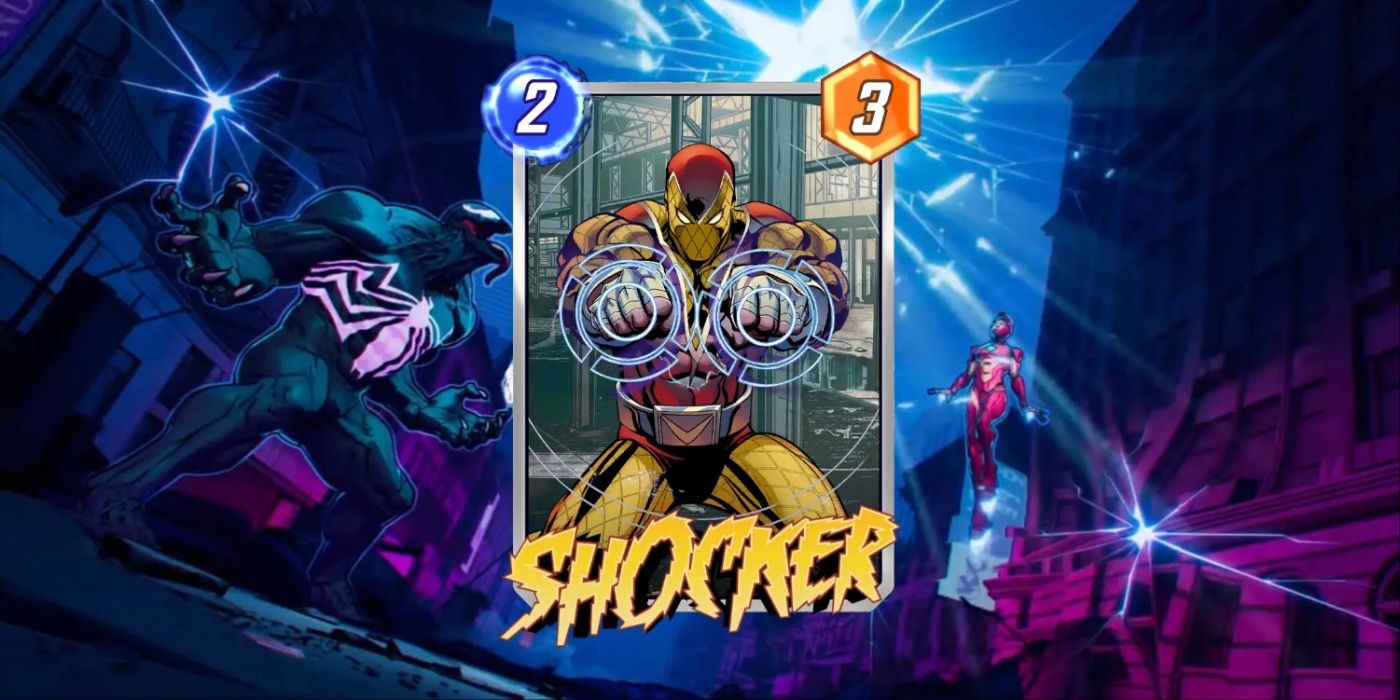 Cartão Marvel Snap de Shocker contra fundo de arte promocional.