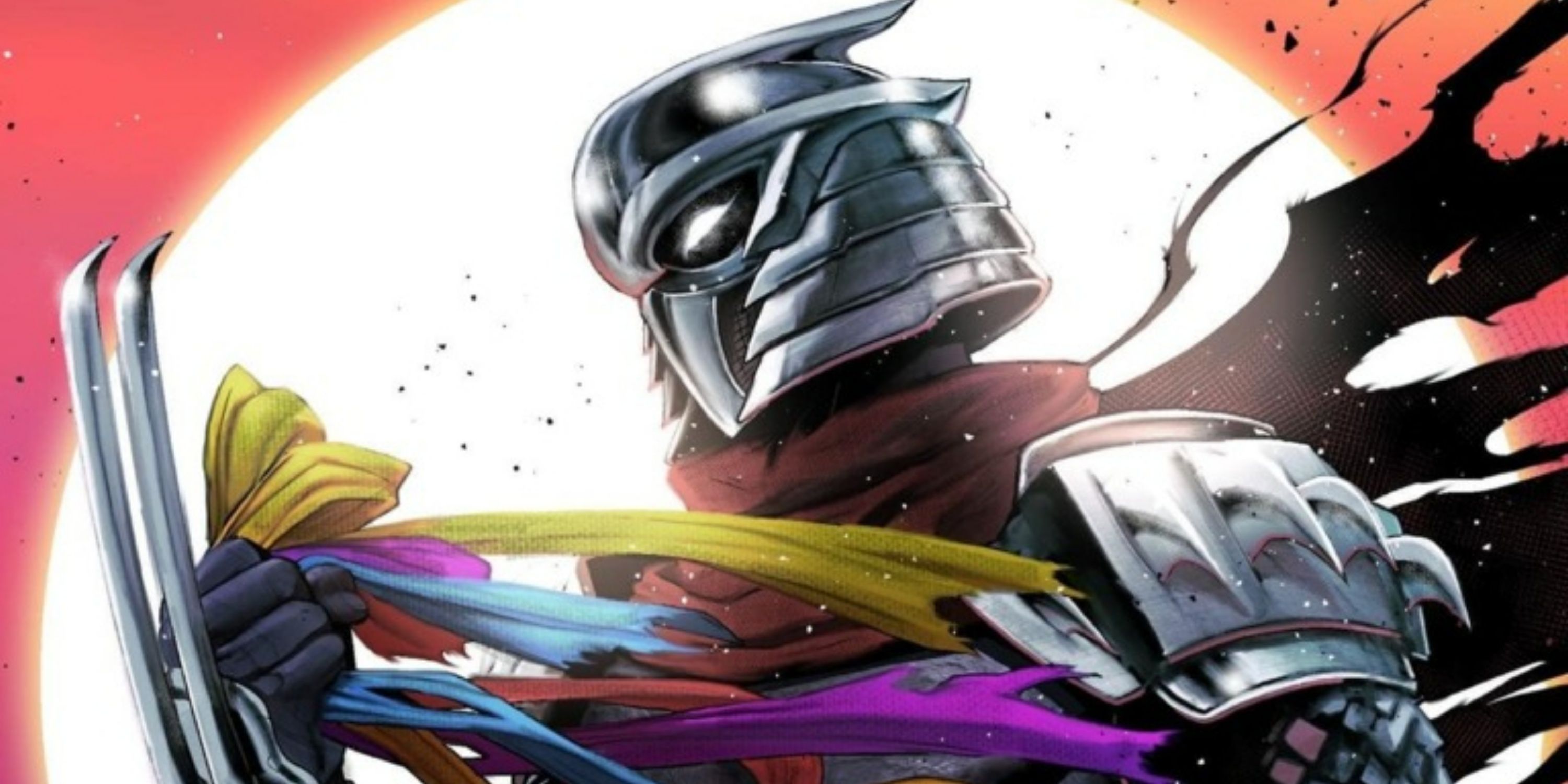 Shredder da TMNT em frente a um sol brilhante.