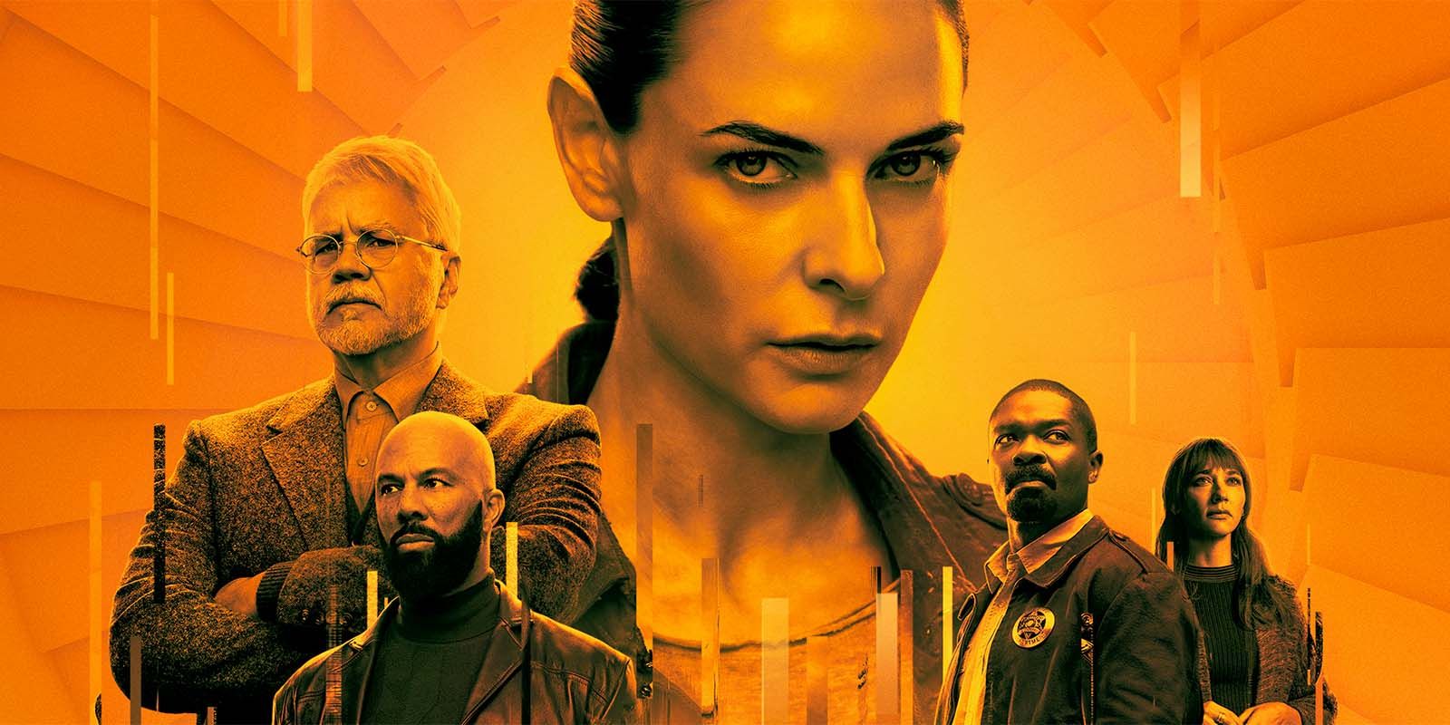 Silo on Apple TV orange poster featuring Rebecca Ferguson's Juliette and characters surrounding her.