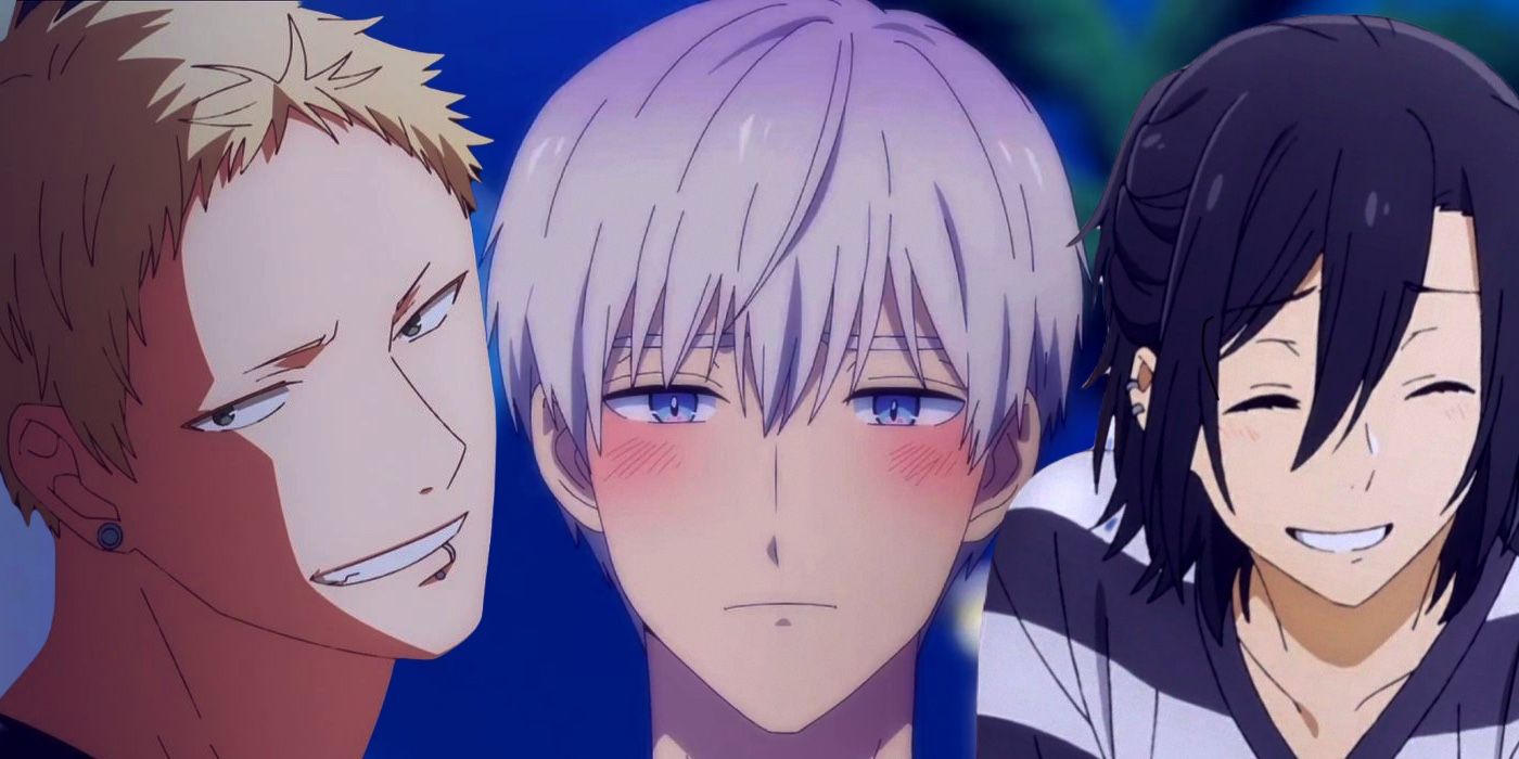 Akihiko Kaji smiling smugly from Given; Himuro blushing from The Ice Guy and His Cool Female Colleague; Izumi Miyamura with long hair, laughing with his eyes closed from Horimiya. 