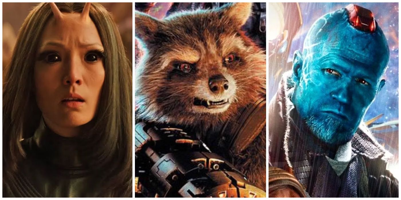 Split image of Mantis, Rocket Raccoon, and Yondu from Guardians of the Galaxy.