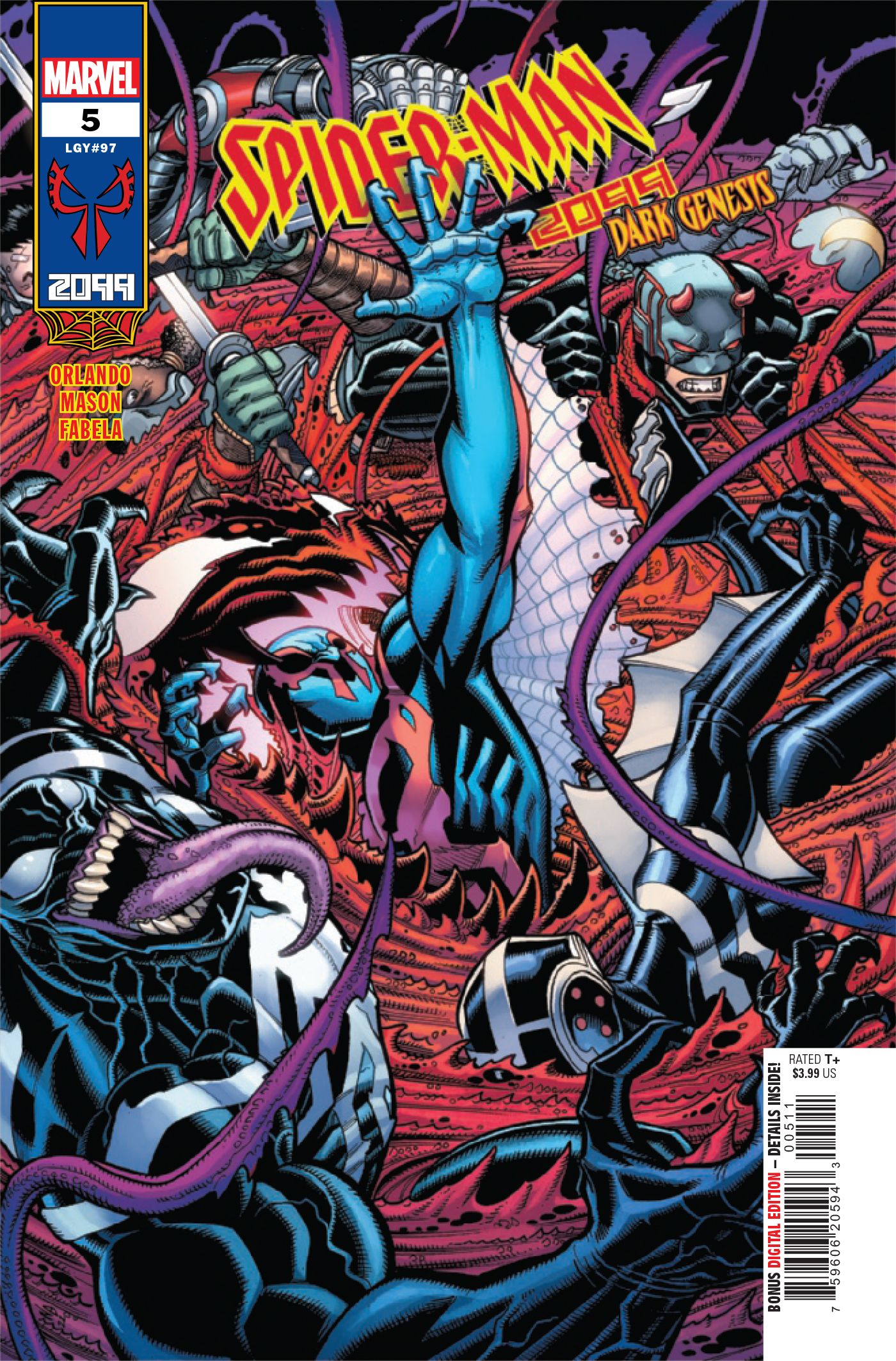 An early look at Spider-Man 2099: Dark Genesis #5 (2023) from Marvel Comics.