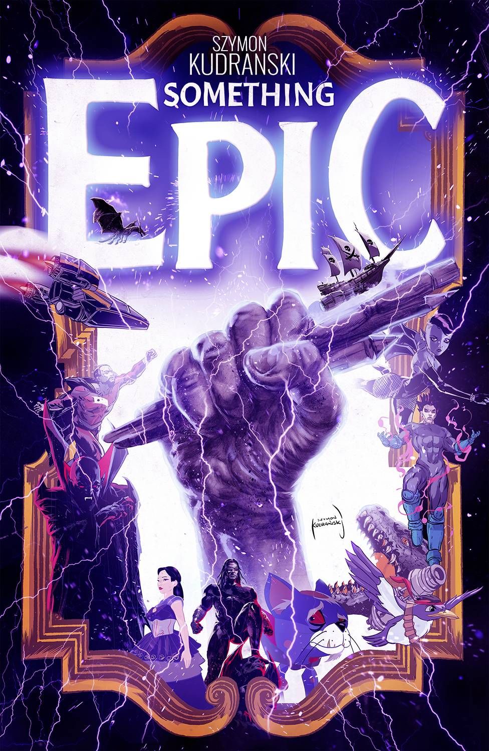 Something Epic #1 Cover with a variety of iconic comic book styles, spaceships, and a hand clutching a pencil and paintbrush