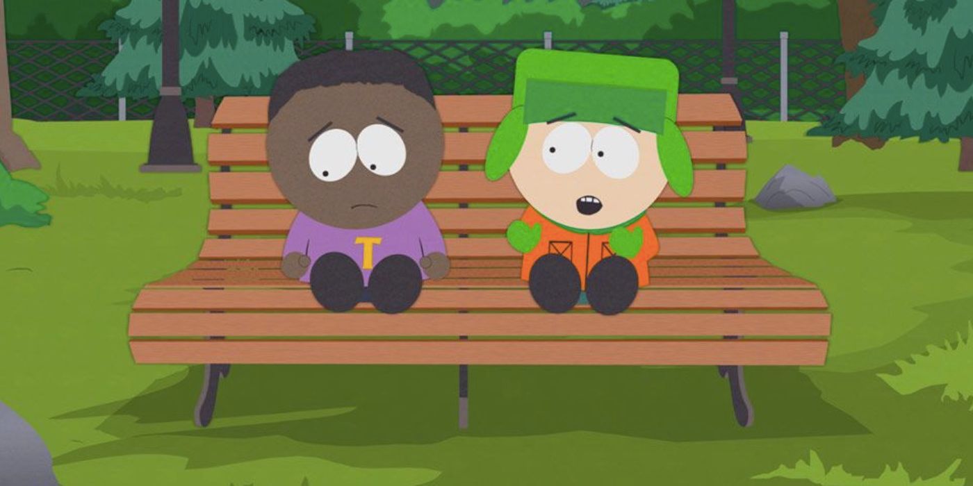 Tolkien and Kyle sitting on a bench in South Park