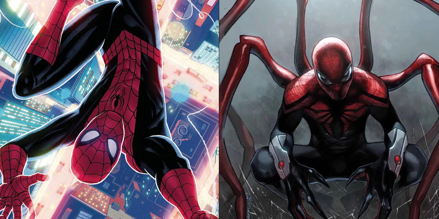 Spider-Man hanging upside down; and Superior Spider-Man in Marvel Comics
