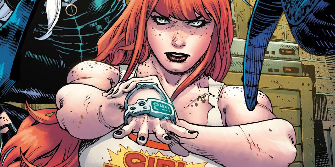 A ex do Homem-Aranha, Mary Jane Watson, usando um relógio de superpoder na capa de Mary Jane & Black Cat #4 da Marvel Comics.